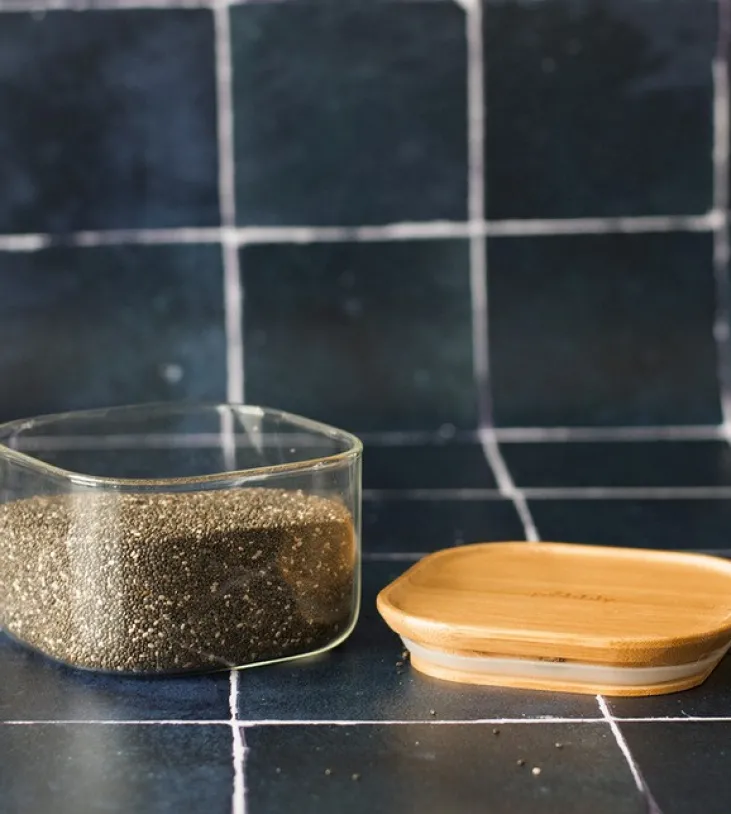 Boîte de conservation carrée - PEBBLY - en verre et bambou - 500ml